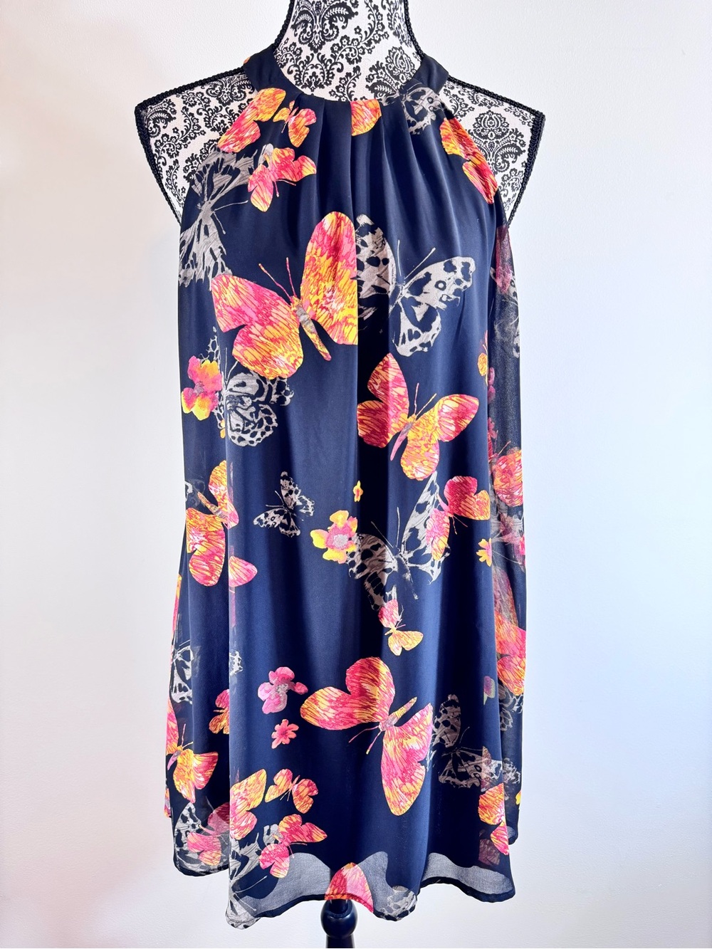One Clothing Butterfly Black Halter Mini Dress with Pink & Yellow Print size LG - Picture 1 of 10
